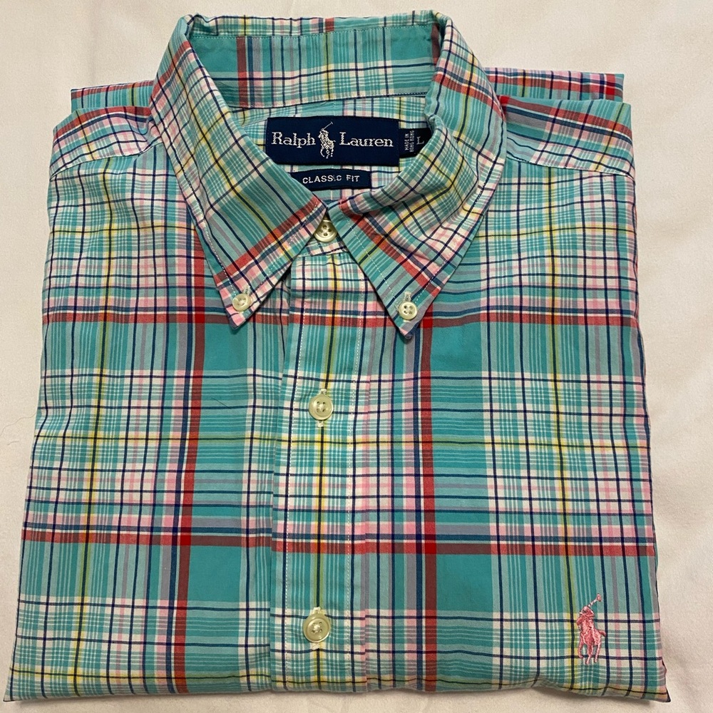 Ralph Lauren Classic Fit Men's L Teal Plaid Short Sleeve Button Up Shirt
